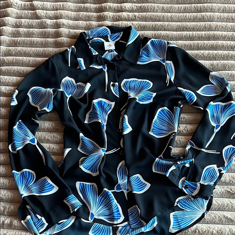 Cabi deep navy Button-Up Blouse with Blue and White Floral Print